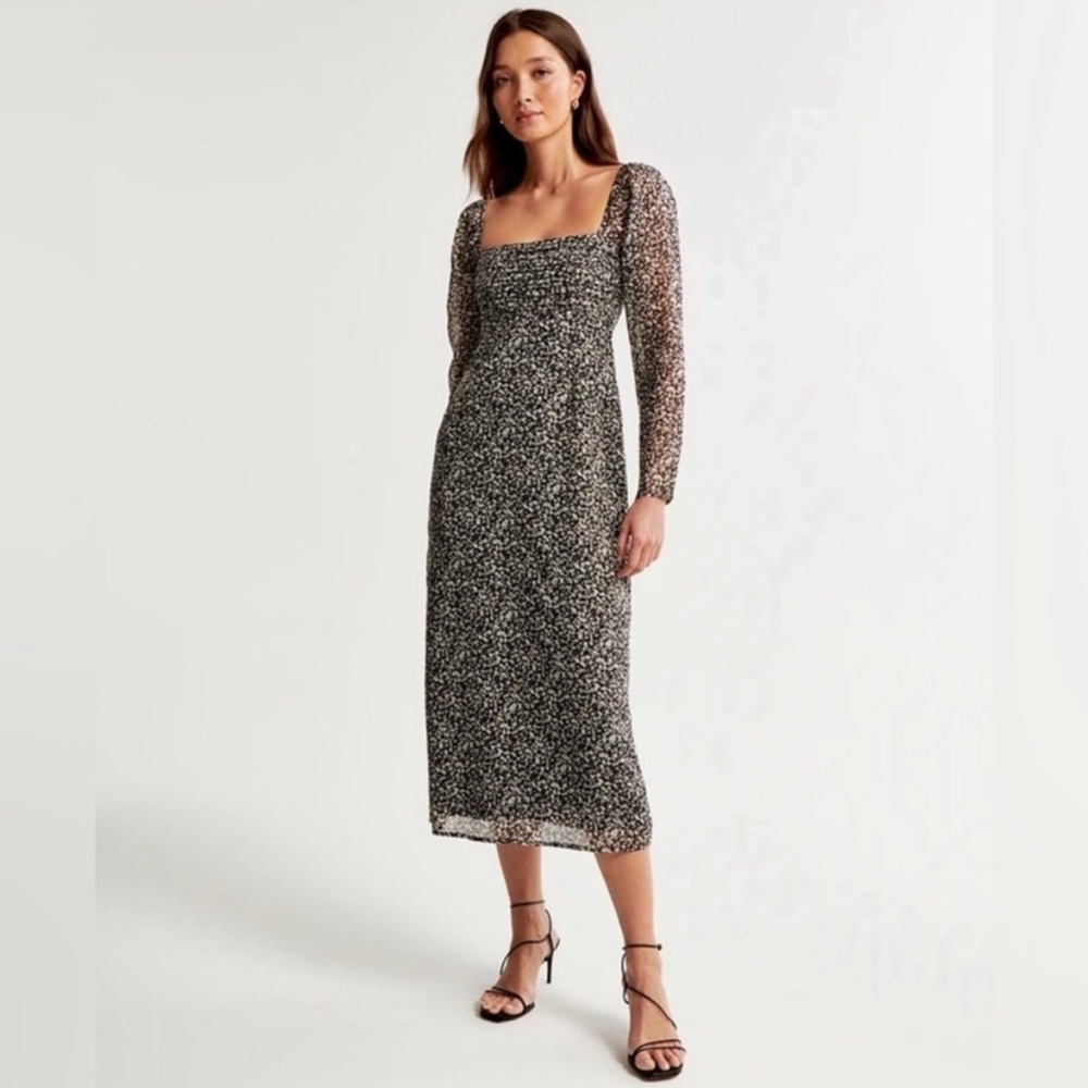 Abercrombie & Fitch Emerson Chiffon Black White Floral Long Sleeve Midi Dress